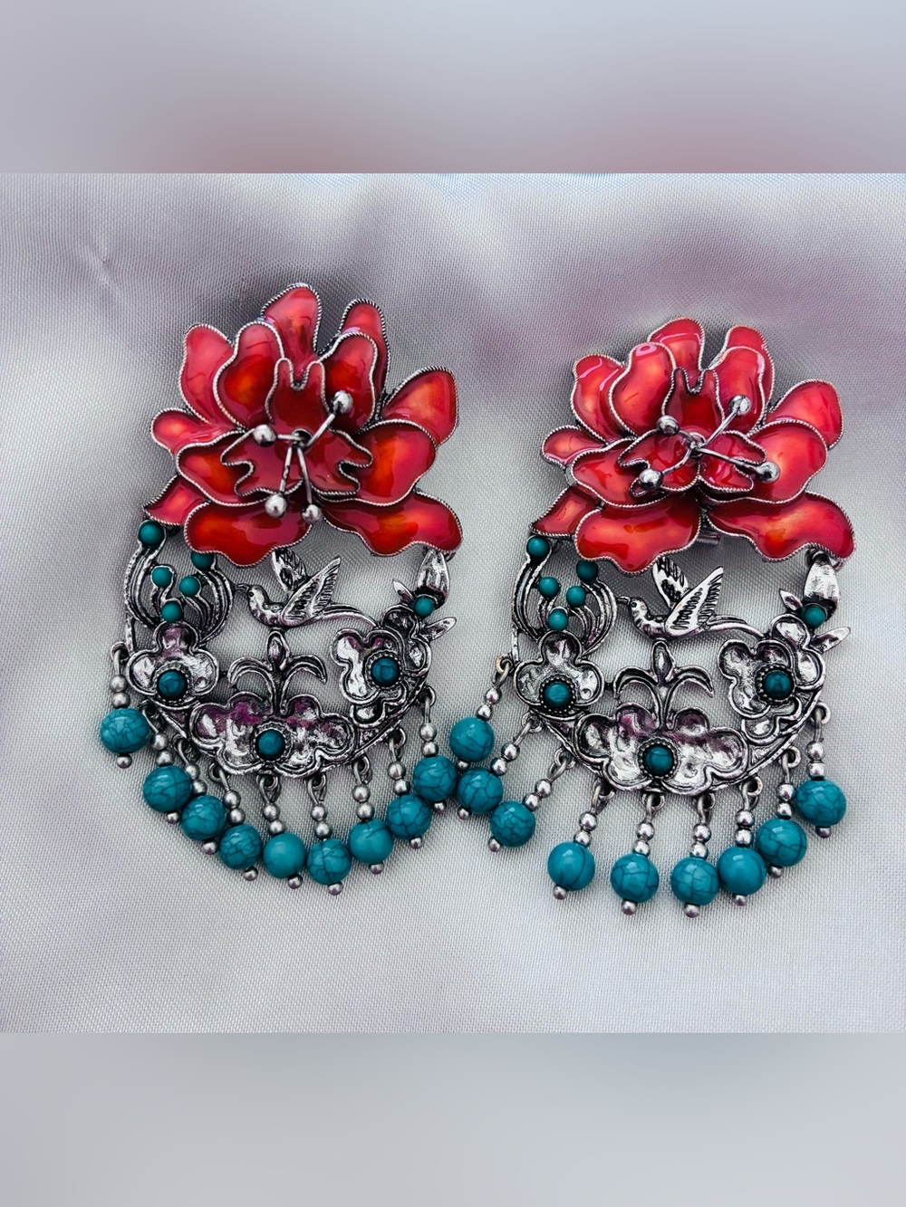 Zara bohemian Red Floral Drop Earrings with Turquoise Beads